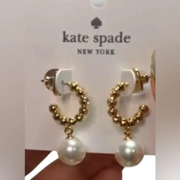 KATE SPADE • Gold Modern Pearls Huggies Hoop Earrings NWT